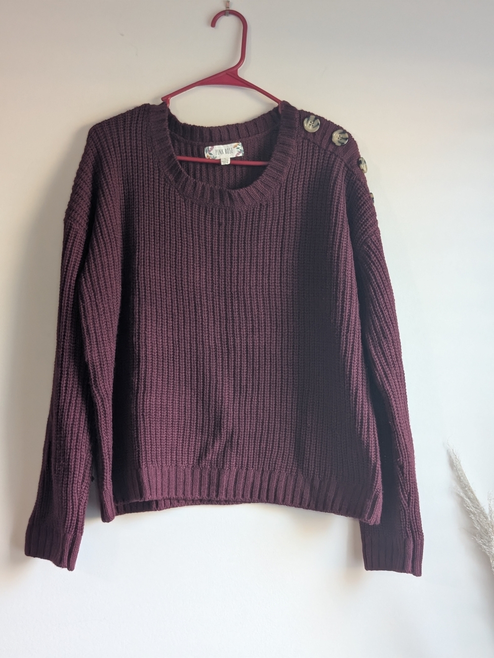 Pink Rose Ribbed Crewneck Sweater with Shoulder Buttons - Burgundy